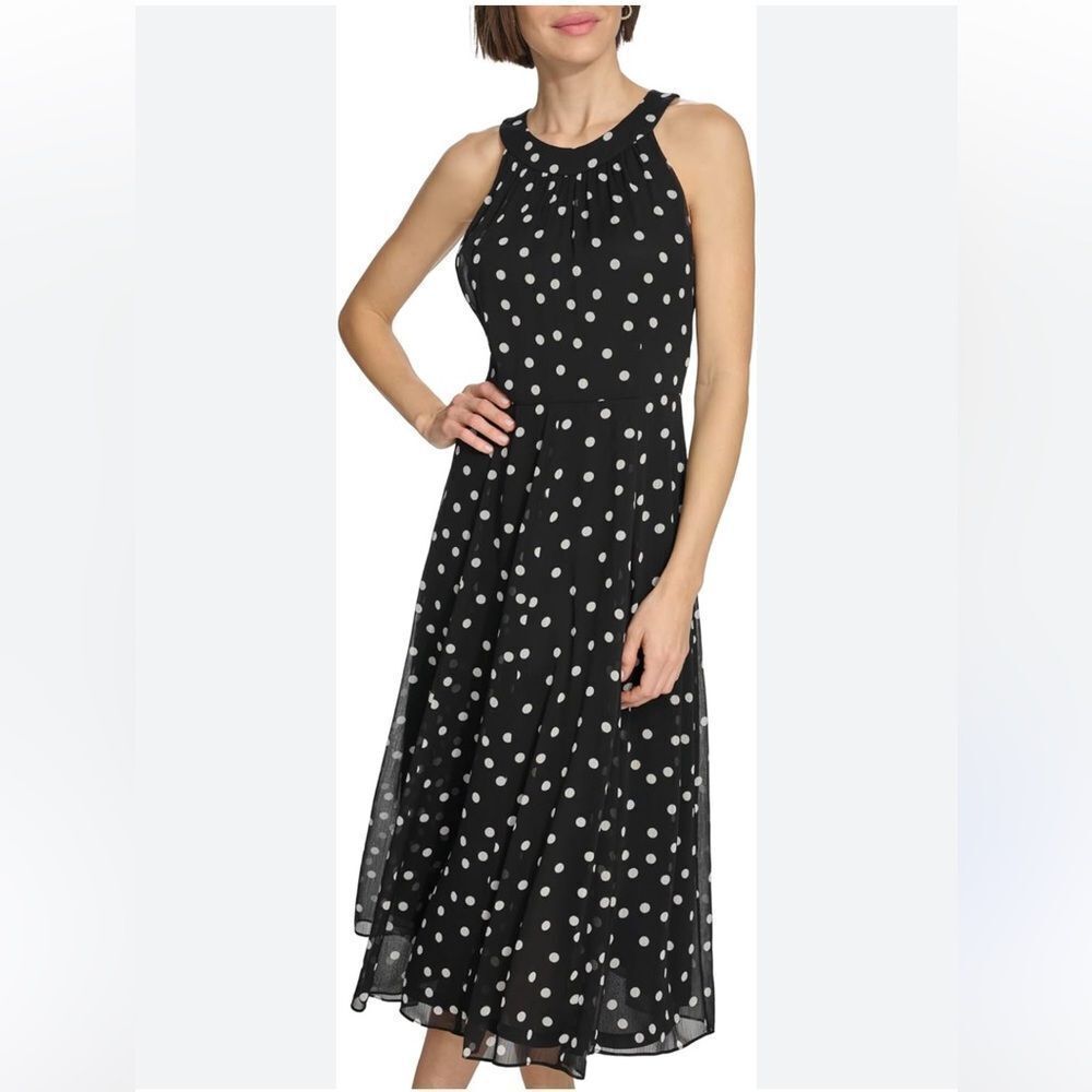 Ladies Tommy Hilfiger Ciffon Midi black and White Polka Dot Dress Size 4